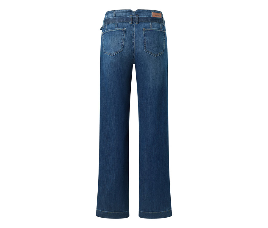 Dunkelblaue Jeans mit weitem Bein, von hinten gesehen, mit zwei Gesäßtaschen und einem Bund mit Gürtelschlaufen.