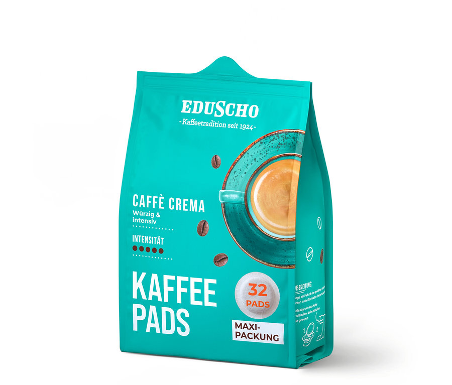 Eine Packung Eduscho Kaffeepads Caffè Crema mit 32 Pads. Die Packung ist türkis und zeigt eine Tasse Kaffee.