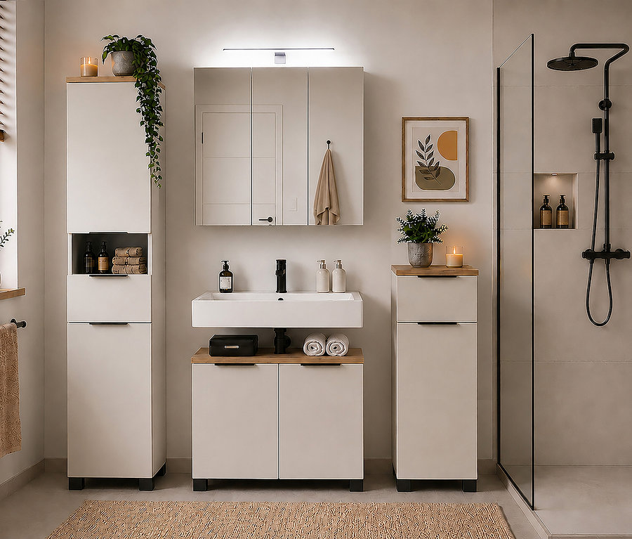 Modernes Badezimmer mit hellen Möbeln. Links und rechts vom Waschtisch stehen zwei Hochschränke »Saga«. Der Waschtisch hat ein weißes Waschbecken, darüber hängt ein Spiegelschrank. Rechts ist eine Duschkabine.
