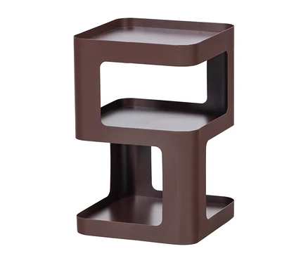Dunkelbrauner, quadratischer Beistelltisch mit drei Ebenen und offenen Seiten, modernes Design mit abgerundeten Kanten.