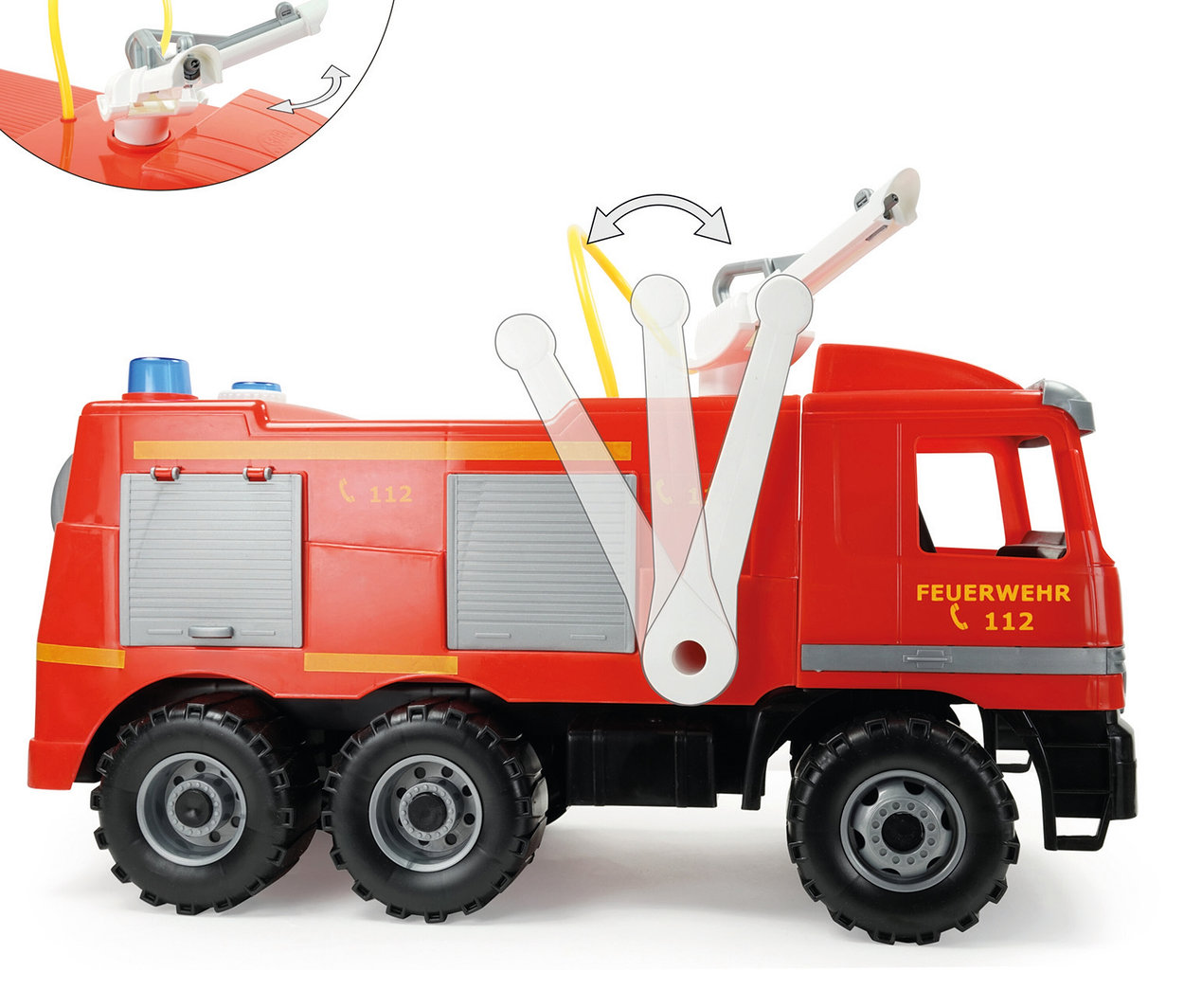 Rotes Spielzeug-Feuerwehrauto GIGA TRUCKS Feuerwehr »Actros« mit sechs Rädern, blauen Lichtern und einer schwenkbaren, höhenverstellbaren Wasserkanone.
