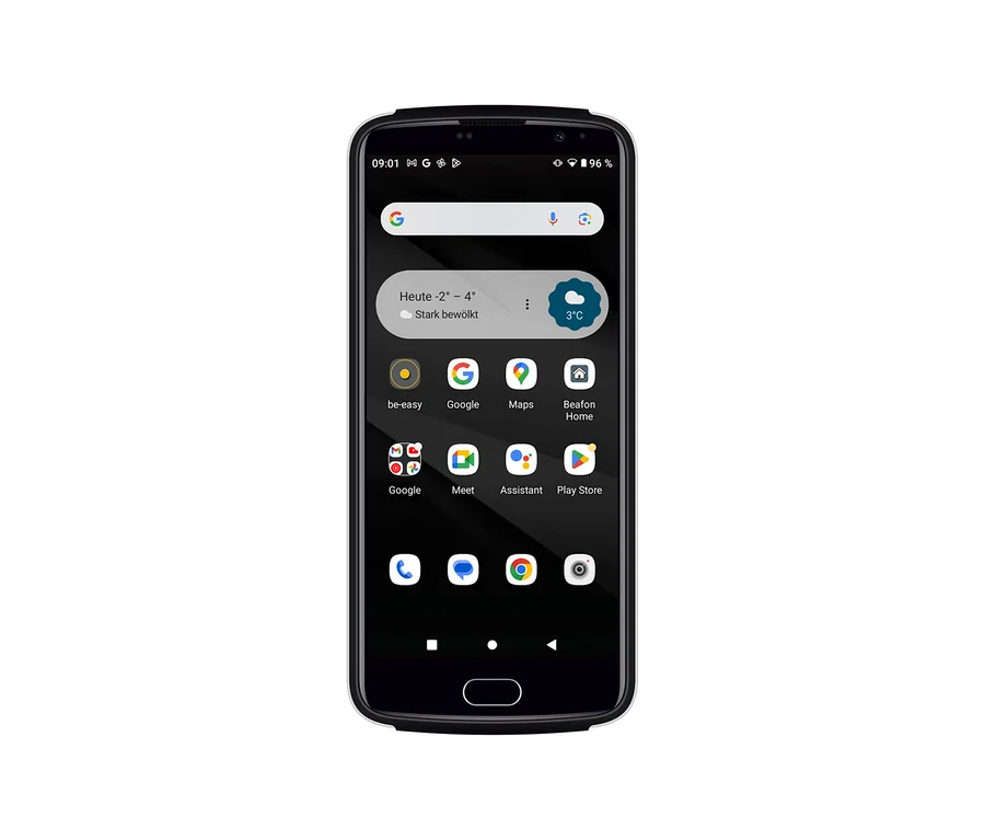 Schwarzes Smartphone mit App-Symbolen auf dem Display. Zu sehen ist ein Bea-fon M7 lite in Schwarz.