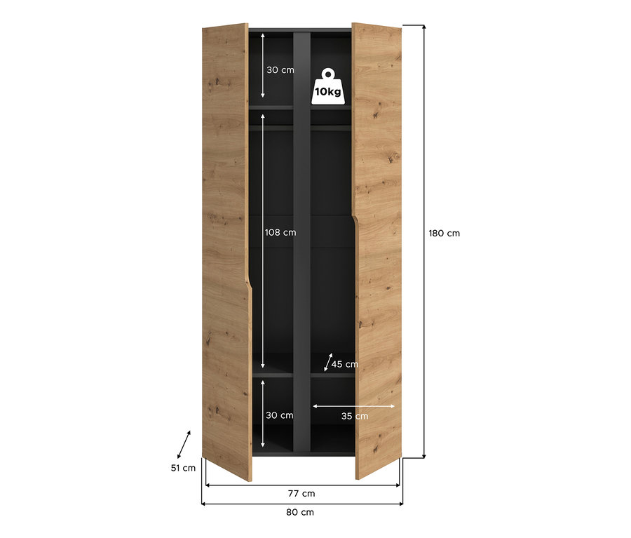 xonox Kleiderschrank »Saga« in Anthrazit-Eichenoptik mit geöffneten Türen. Innen: oberes Fach (30 cm), Kleiderstange (108 cm), Seitenfach mit Regal (30x35 cm). Maße: 180x80x51 cm.