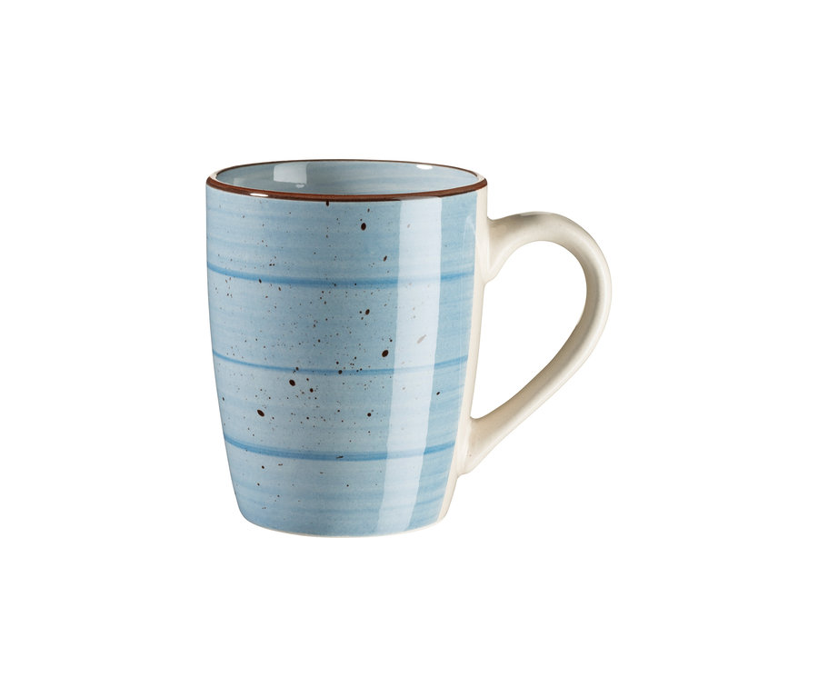 Blauer Mäser Valmera Becher mit horizontalen Streifen, braunem Rand und cremefarbenem Henkel.