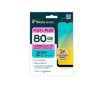 Werbung für den Tchibo MOBIL FLEX L PLUS Tarif mit 80 GB Datenvolumen und unendlich oft 1 GB kostenlos nachbuchbar, inkl. 5G, Allnet- & SMS-Flat für 21,99 € pro 4 Wochen. Ein Smartphone ist nicht enthalten.