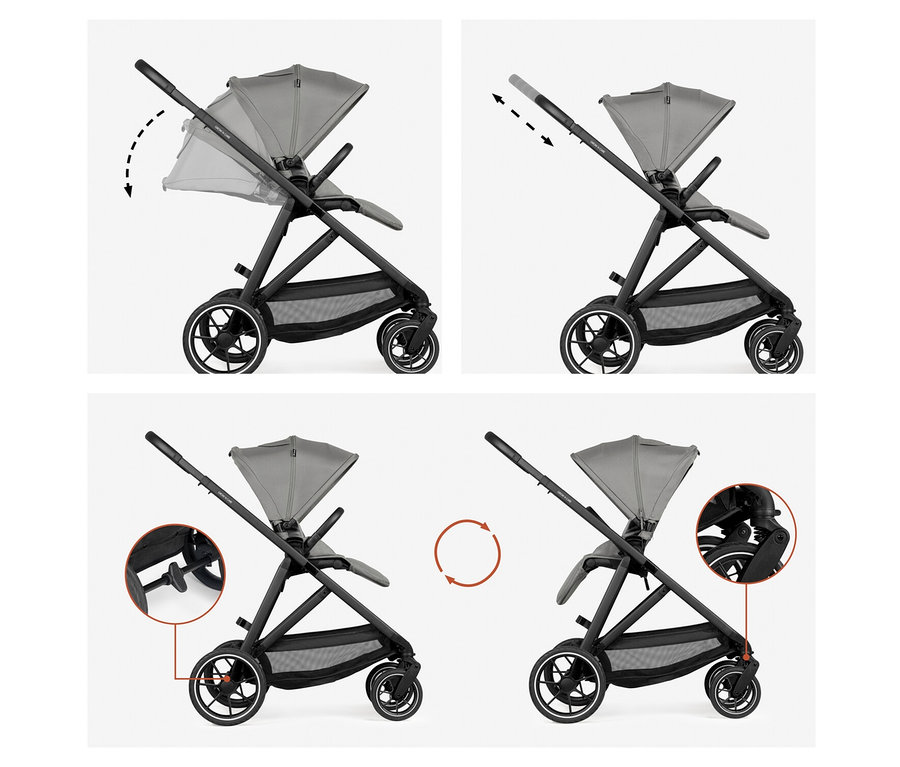 Vier Bilder zeigen die Funktionen des Hauck Kombi-Kinderwagens »Grow N Care Set«: verstellbarer Griff, Bremse und Federung.