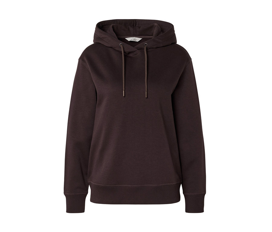Dunkelbrauner Hoodie mit Kapuze, passenden Kordelzügen mit Metallenden, gerippten Bündchen und Saum. Ein kleines weißes 'ACTIVE'-Etikett ist im Nacken sichtbar.
