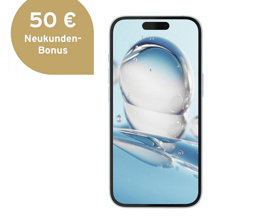 Ein Apple iPhone 15 mit einem abstrakten Hintergrundbild mit Wasser und Blasen.