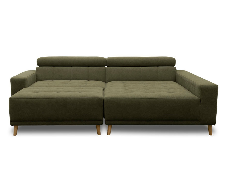 Ein dunkelolivgrünes zweiteiliges Ecksofa mit getufteten Sitzen, verstellbaren Kopfstützen und hellen Holzbeinen.