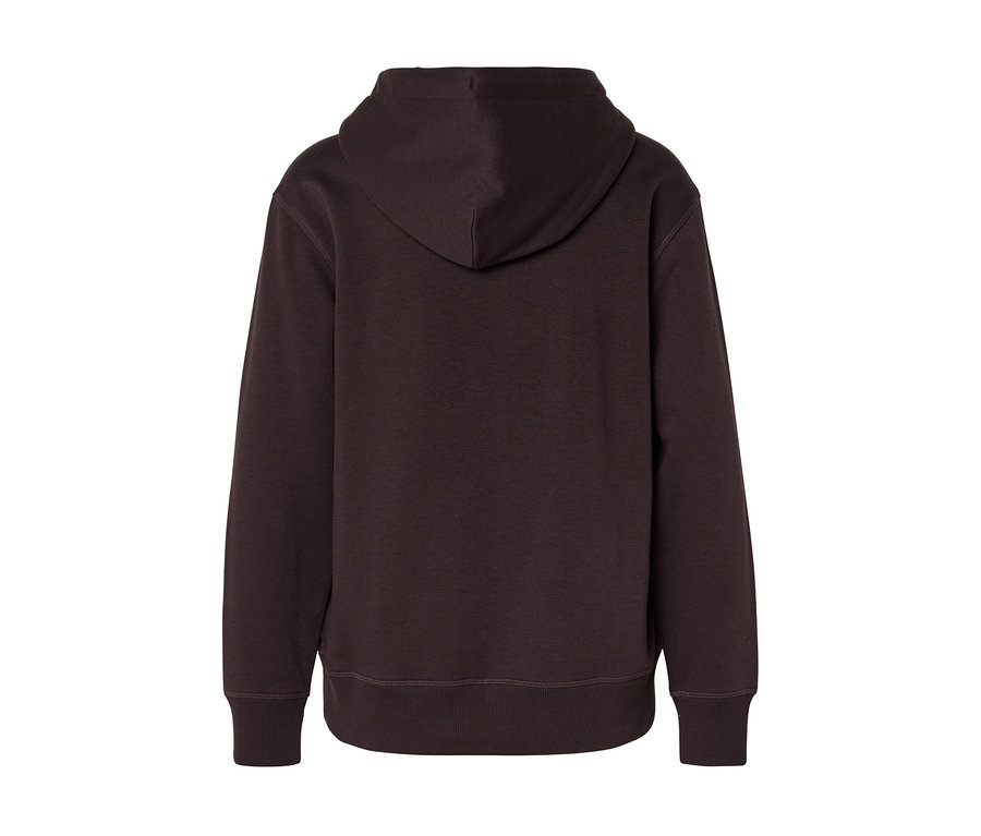 Dunkelbrauner Hoodie, von hinten gesehen, mit Kapuze, gerippten Bündchen und Saum.