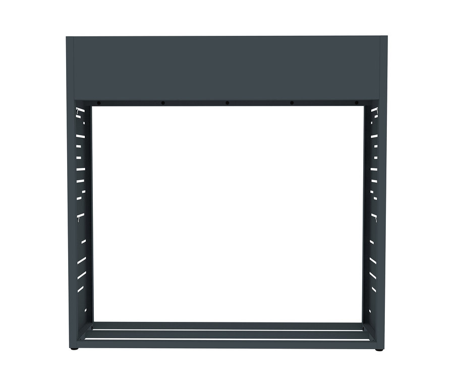 Dunkelgraues Kaminholzregal aus Metall mit integriertem Pflanzkasten, auf weißem Hintergrund.