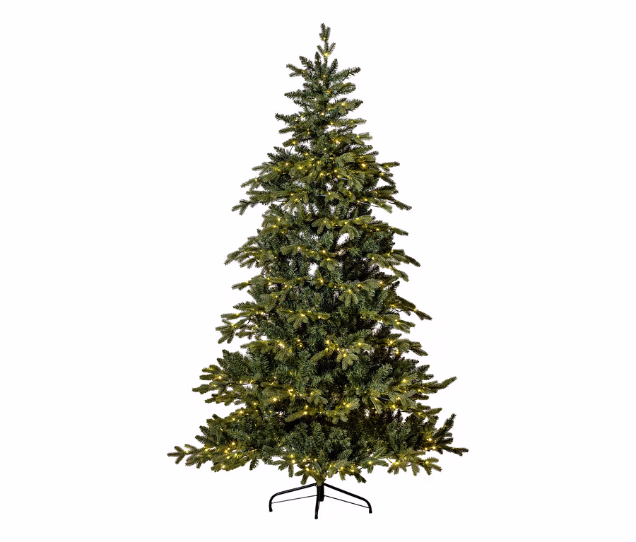 Großer, grüner LED-Weihnachtsbaum »Larvik« mit warmweißen Lichtern auf schwarzem Ständer.