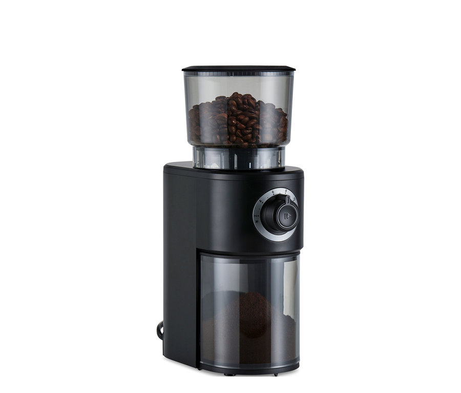 Eine schwarze, elektrische Kaffeemühle.