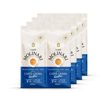 Vier Packungen Caffè Molinari Caffè Crema Gustoso Kaffeebohnen.