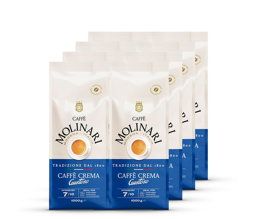 Vier Packungen Caffè Molinari Caffè Crema Gustoso Kaffeebohnen.
