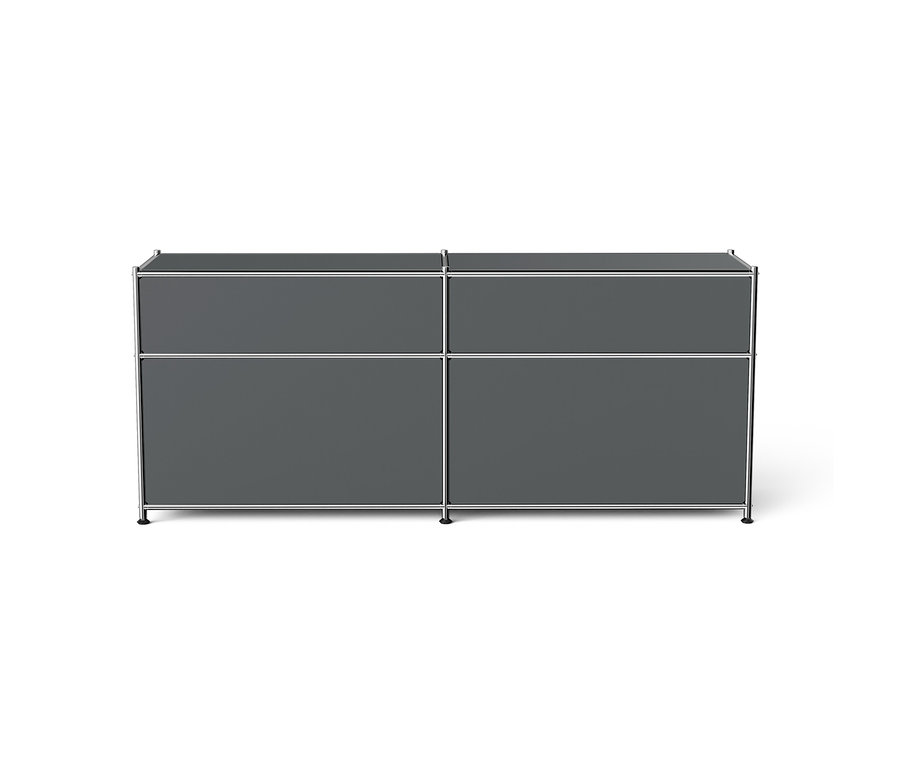 Grauer Schrank mit vier Fächern und einem Metallrahmen.