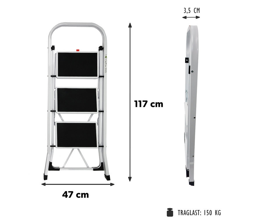 Weißer Klapptritt, 3-stufig, von vorne aufgeklappt und von der Seite zusammengeklappt, mit Maßen 117 cm Höhe, 47 cm Breite, 3,5 cm Tiefe zusammengeklappt und 150 kg Traglast.