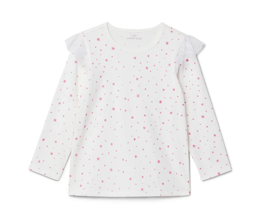 Weißes Langarmshirt mit rosa Sternen- und Punktmuster und Rüschen an den Schultern.