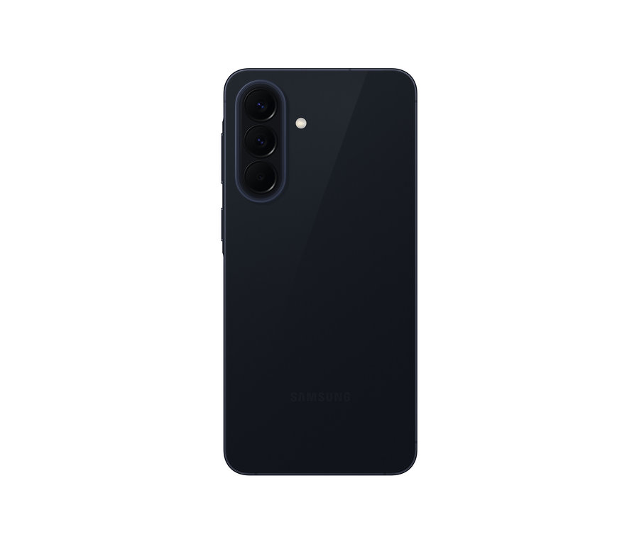 Rückansicht eines dunkelblauen Samsung Galaxy A57 5G Smartphones mit dreifacher Kamera und Samsung Logo.