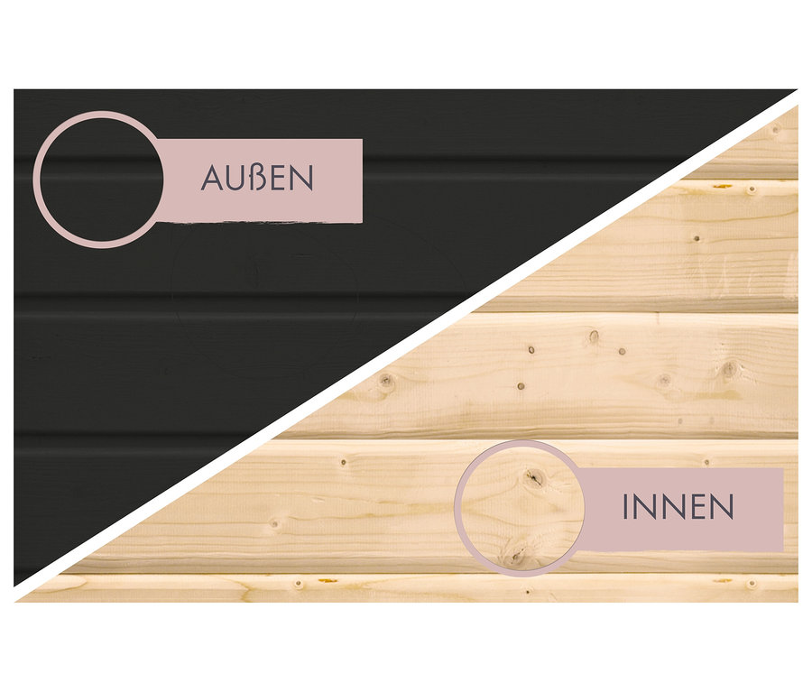 Karibu Saunahaus Gwen Deluxe: Schwarze Außenverkleidung und helle Holz-Innenverkleidung, diagonal geteilt.