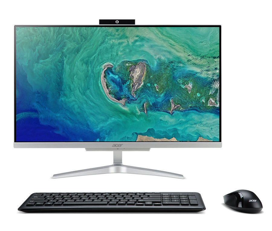 Ein silberner Acer All-in-One PC mit Tastatur und Maus.