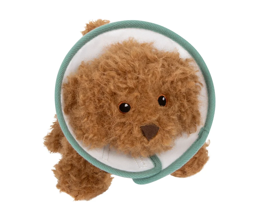 Brauner, flauschiger Plüschhund aus dem small foot Tierarzt-Set »Hund« mit einem weißen Halskragen mit mintgrünem Rand.