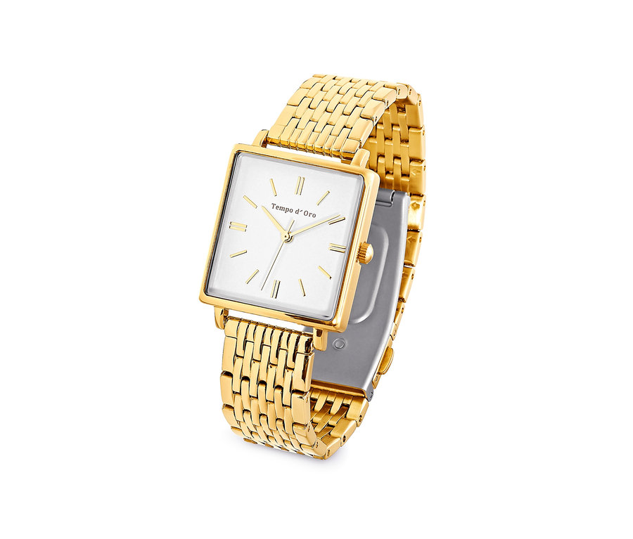 Damenuhr, eckig, mit goldenem Gliederarmband aus Edelstahl.