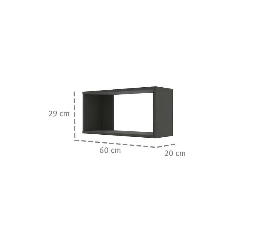Das Roba Wandregal »Marvin«, 60 cm ist ein graues, quaderförmiges Regal mit einer Höhe von 29 cm, einer Breite von 60 cm und einer Tiefe von 20 cm.
