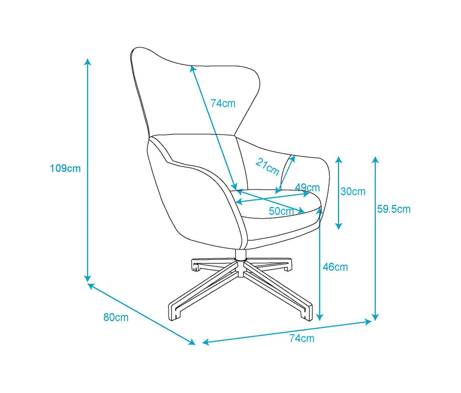Strichzeichnung des Relaxsessels DeVries Marconia mit Maßen: Gesamthöhe 109 cm, Breite 80 cm, Tiefe 74 cm. Sitzhöhe 46 cm, Sitzbreite 49 cm, Sitztiefe 50 cm, Rückenlehnenhöhe 74 cm.