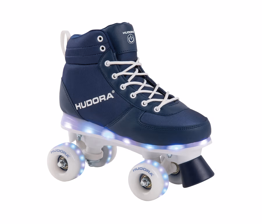 Blau-weisser HUDORA-LED-Roller-Skates »Advanced« Rollschuh mit weissen Schnürsenkeln.