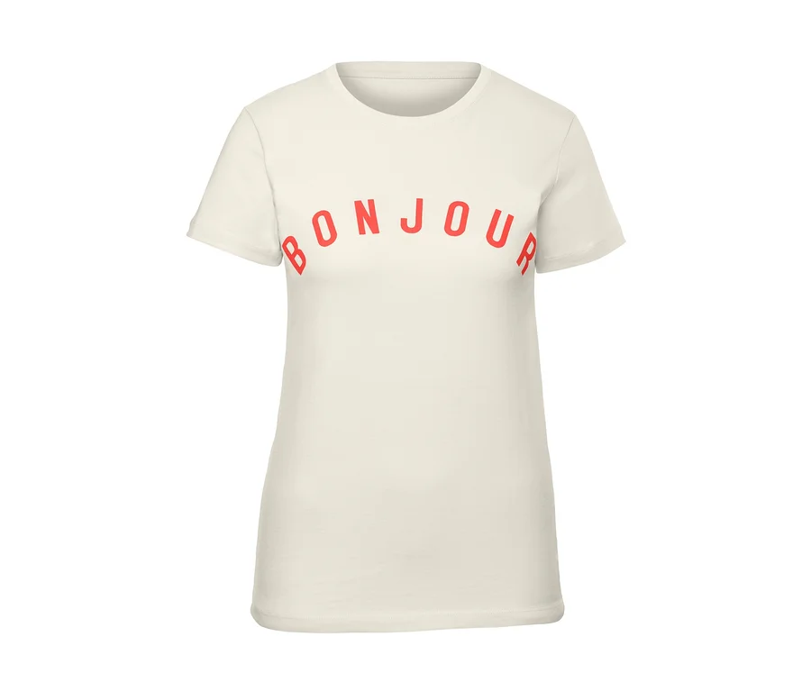 Weißes T-Shirt mit rotem Aufdruck T-Shirt mit Print.