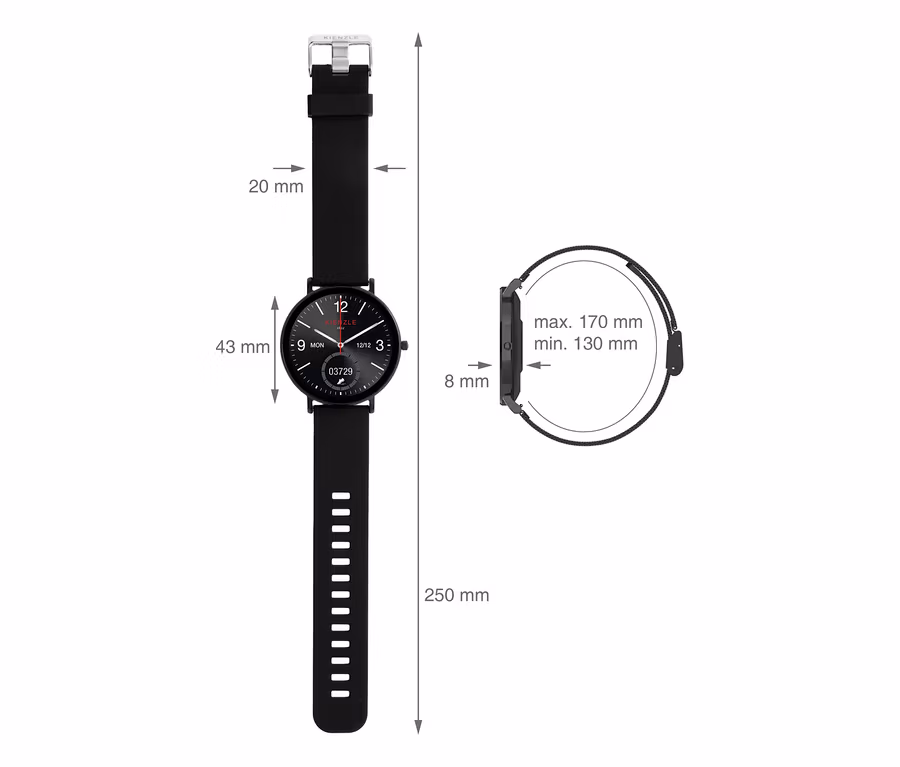 Maße der schwarzen Kienzle Uhr »Active Smart Slim« sind dargestellt: 20 mm Bandbreite, 43 mm Durchmesser, 8 mm Höhe, 250 mm Länge, 130-170 mm Umfang.