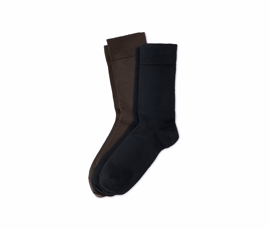Zwei Paar Merino-Wollsocken, ein Paar braun und ein Paar schwarz.