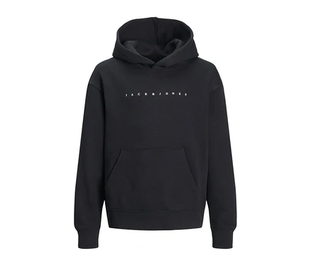 Jack&Jones Sweat-Hoodie Star, schwarz. Schwarzer Hoodie mit Kapuze, Kängurutasche und weißem Jack&Jones-Logo auf der Brust.
