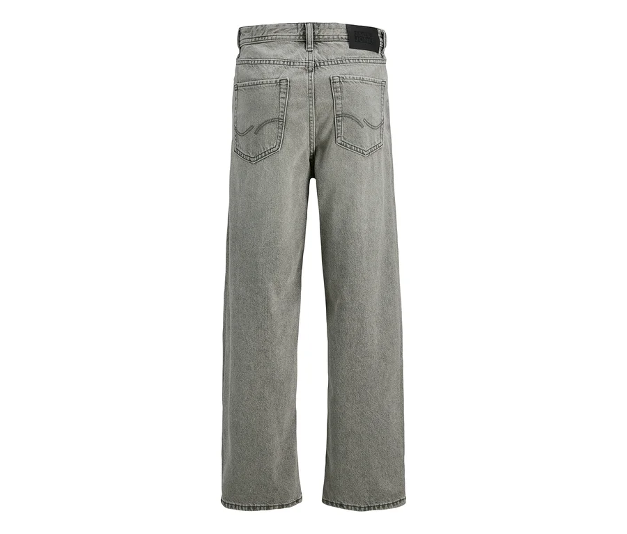 Graue Jack&Jones JJOrginial Alex Jeans. Rückansicht mit zwei Gesäßtaschen mit Ziernähten und einem schwarzen Markenetikett am Bund. Die Jeans hat einen weiten Schnitt.