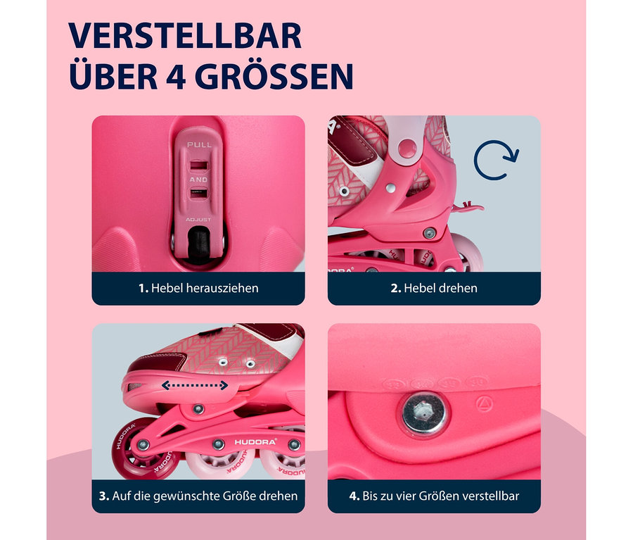Vier Bilder zeigen die 4-Schritte-Größenverstellung der pinken HUDORA Inline Skates »Mia 2.0«: Hebel ziehen, drehen, Skate auf gewünschte Größe schieben und die Verstellbarkeit über vier Größen.