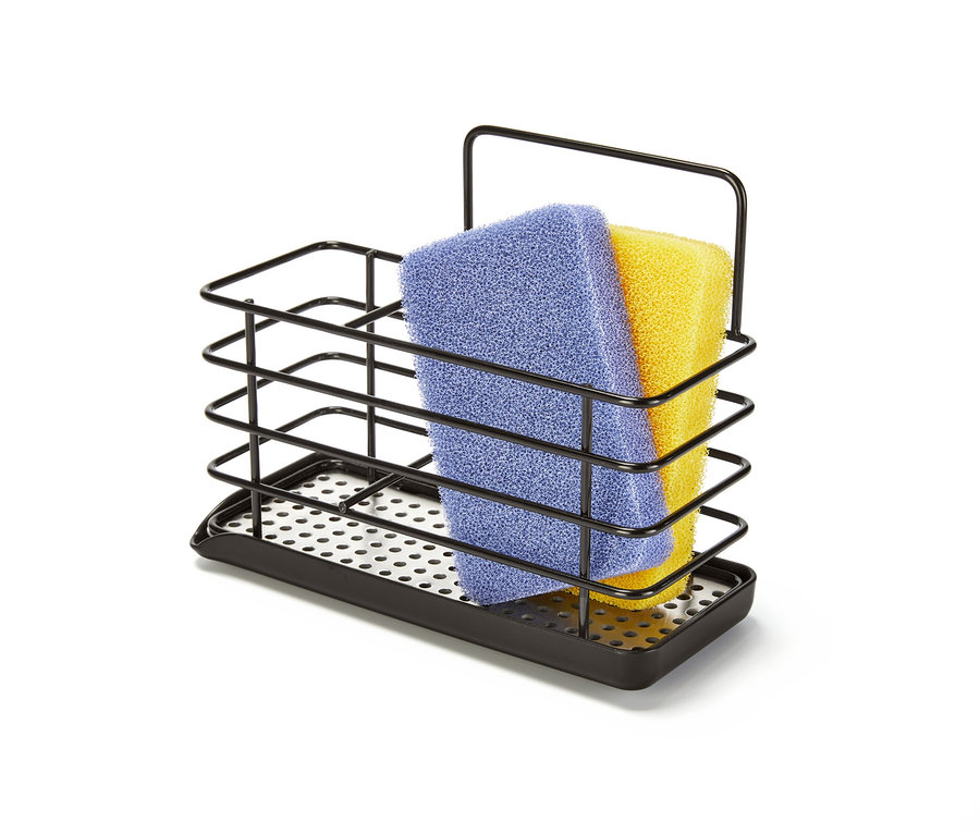 Ein schwarzer Spülutensilien-Ständer aus Metall mit blauem und gelbem Schwamm.