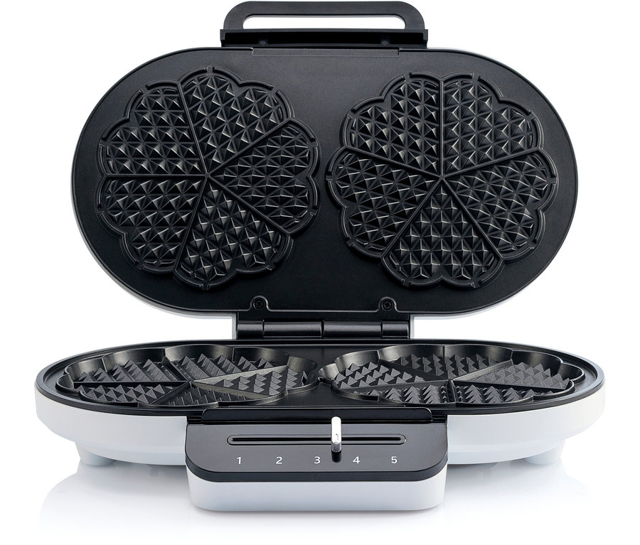 Offenes WILFA Waffeleisen "TRADITION DOUBLE WDWA-516W" mit Antihaftbeschichtung und einstellbarer Temperatur.