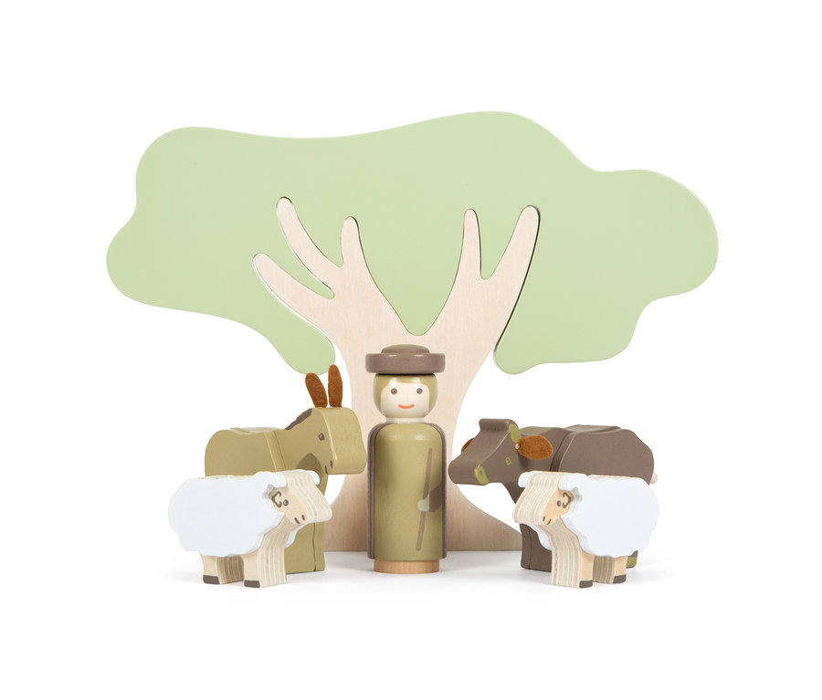 Holzspielset small foot Weihnachtskrippe mit Baum, Hirte, Esel, Kuh und zwei Schafen.