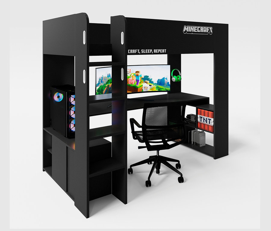 Schwarzes roba Minecraft Gaming-Bett mit Schreibtisch, Stuhl, Computer und Monitoren.