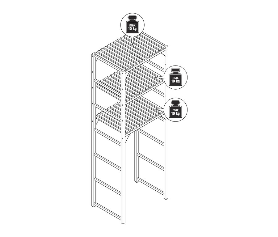 Eine Skizze eines Massivholz-Waschmaschinenregals mit drei Ablagen und einer maximalen Tragfähigkeit von 10 kg pro Ablage.