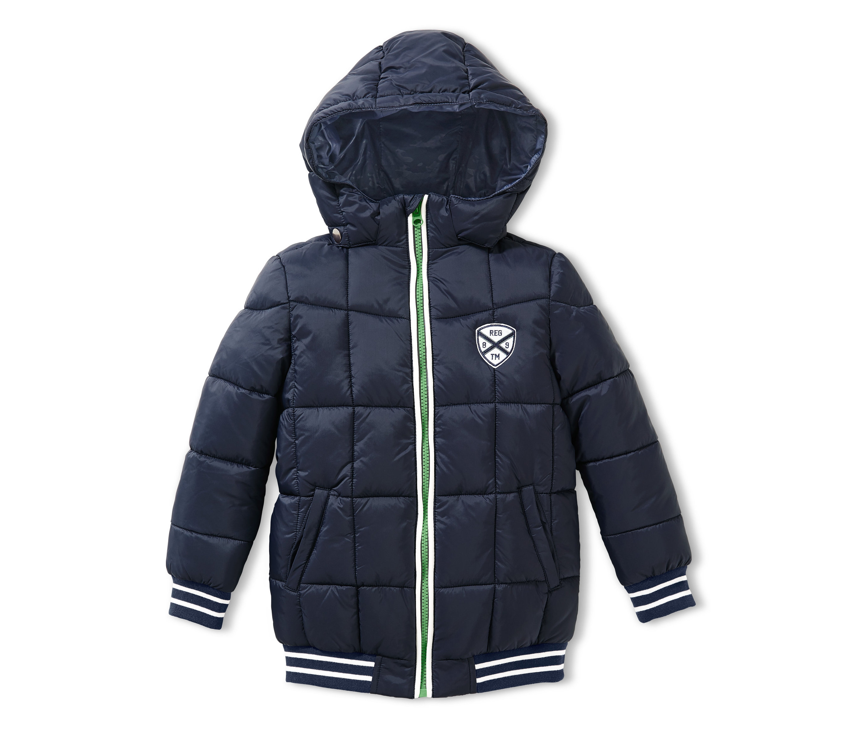 Marineblaue Thermo-Steppjacke mit Kapuze, weißen Bündchen und grünem Reißverschluss.