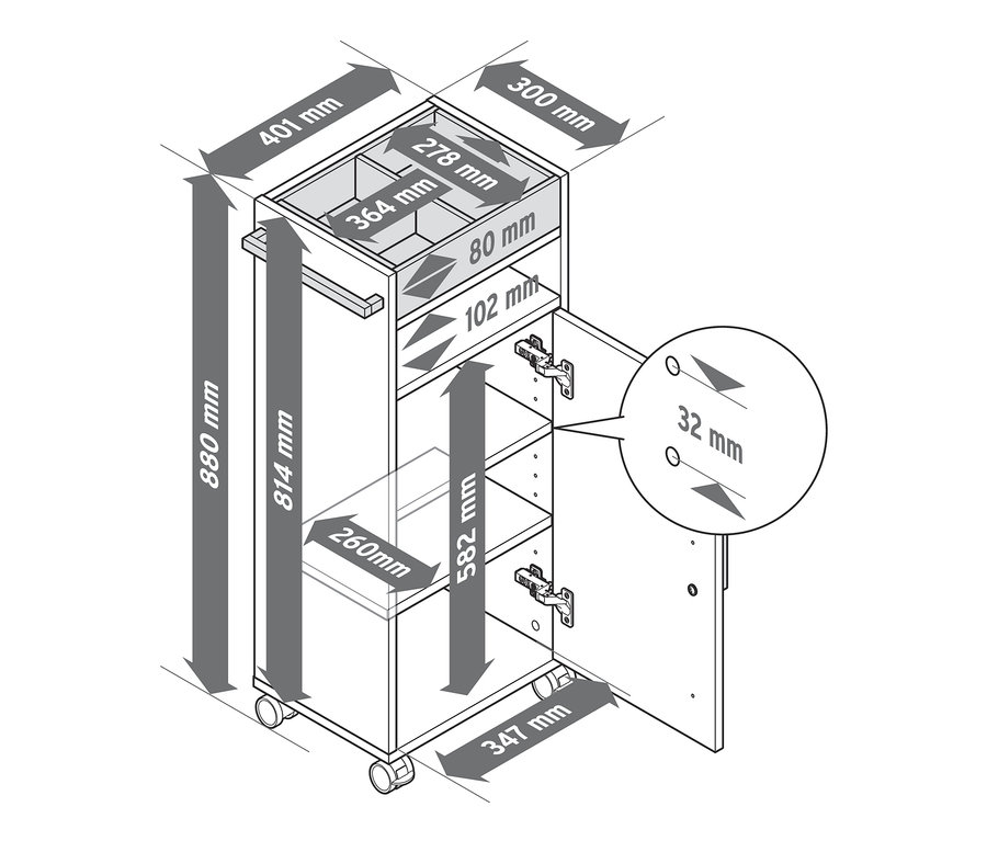 Abbildung eines weißen Badezimmer-Beistellwagens mit Bemaßung.