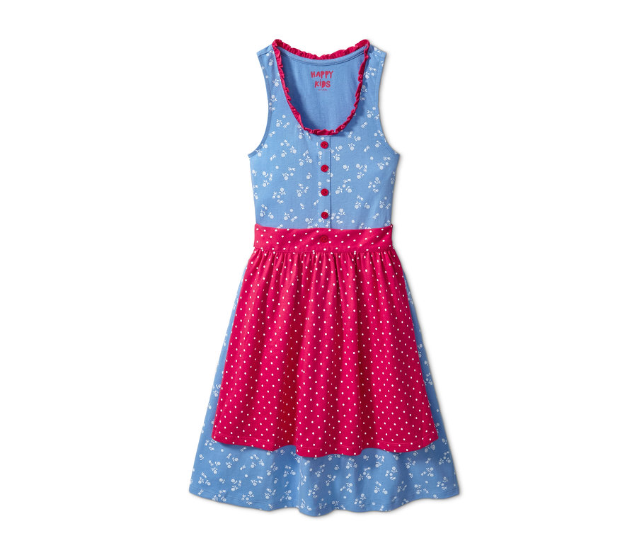 Ein blaues Jersey-Dirndl mit einer roten Schürze mit weißen Punkten.