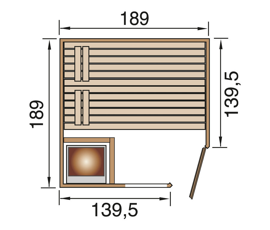 Grundriss der WEKA-Massivholz-Liegesauna mit Eckeinstieg, ca. 189 x 189 cm.