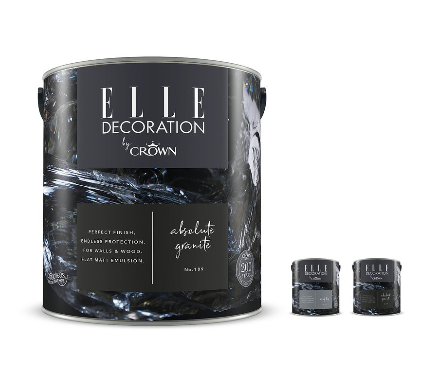 Abgebildet ist eine Dose ELLE DECORATION by Crown Premium-Wandfarbe im Set mit 2 Testern, Farbe »Absolute Granite« und Tester »Rooftop«.