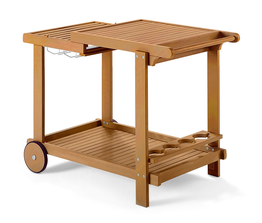 Ein brauner Barbecue-Trolley mit Holzrahmen und Rädern.