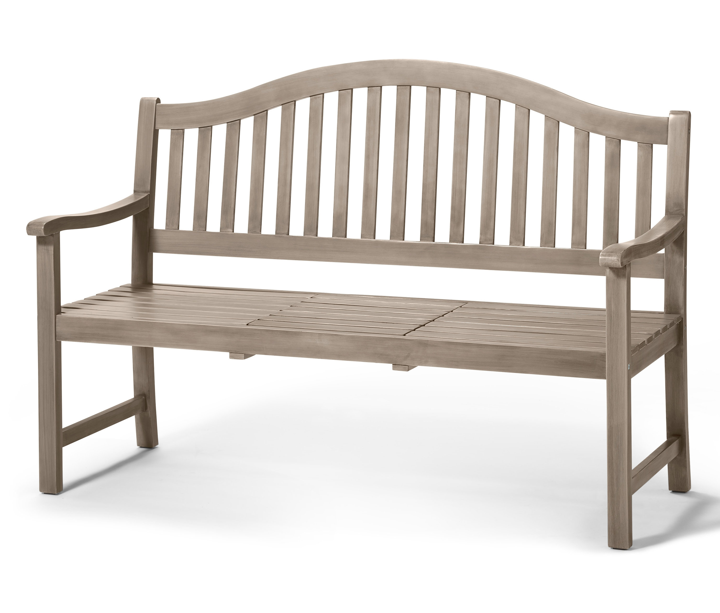 Graue 3-Sitzer-Gartenbank.