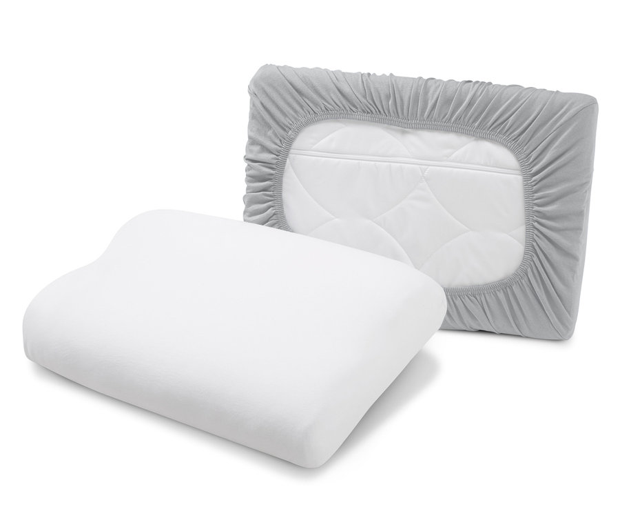 Zwei Jersey-Kissen-Spannbezüge, ein weißes Kissen und ein grauer Bezug mit Gummizug.