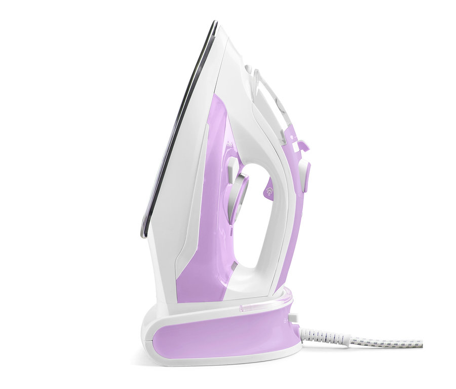 Ein weißes und lila kabelloses Dampfbügeleisen.